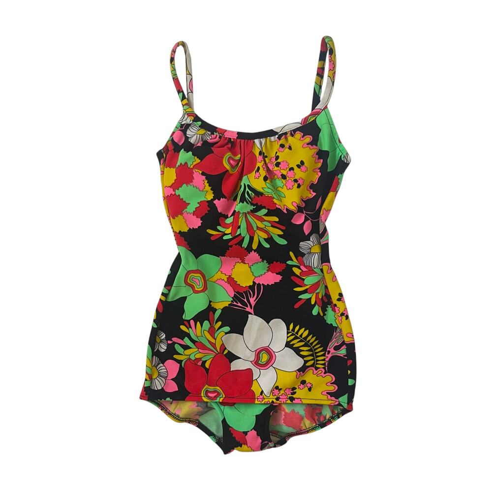 VINTAGE 1960s Pin-Up Girl Bathing Suit - Swimsuit - Black Vibrant Florals - XS
